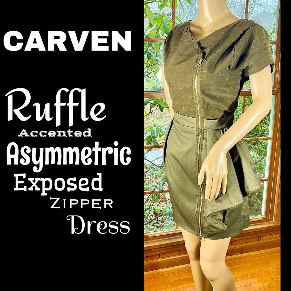 ▪️CARVEN▪️Green Ruffle Accent Exposed Zipper Asymmetric Dress
